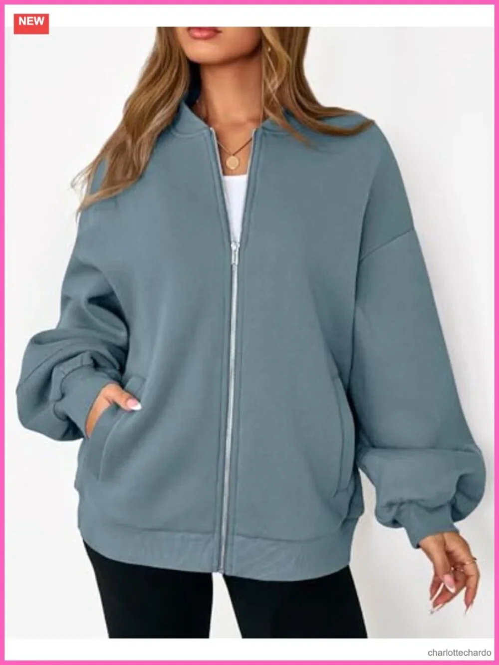 Oversized Zip Up Bomber Jacket Women Fleece Lined Sweatshirt with Pockets